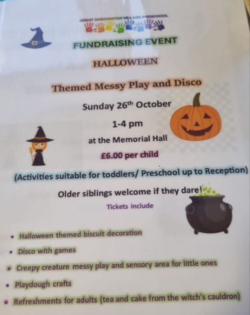 Poster for the preschool Halloween party at Great Doddington Memorial Hall