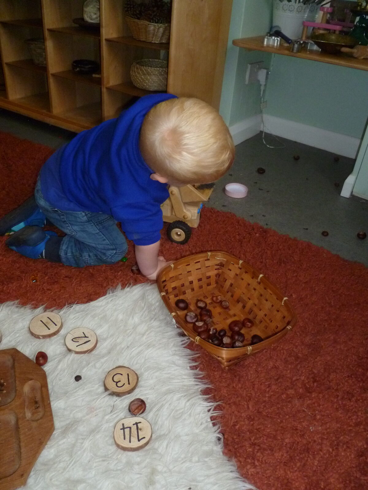 A child kneeling on a rug sorting conkers into a basket with wooden name discs