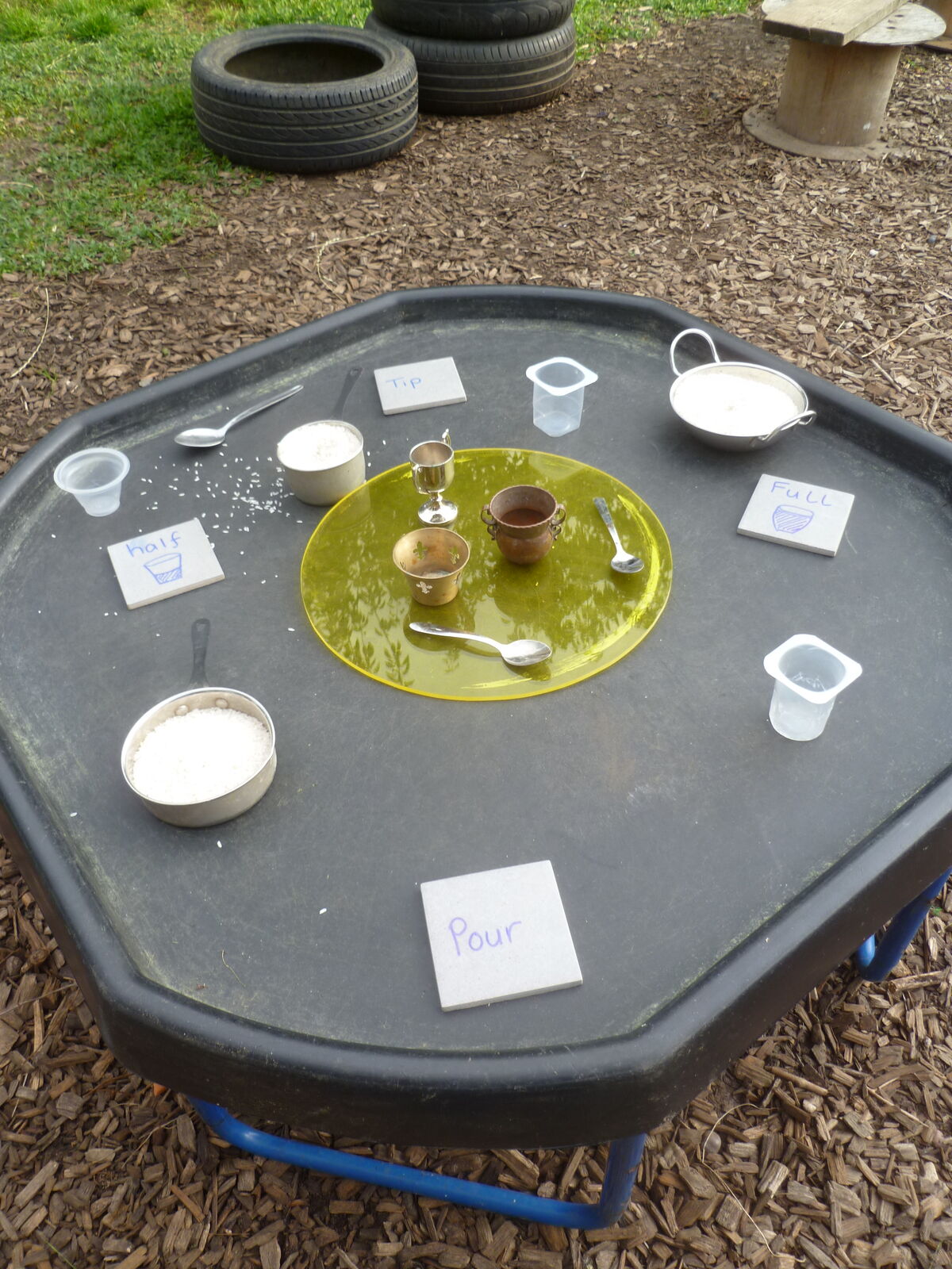 A potion-making tray with pots, water and labelled cards